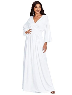 Womens Long Kimono Sleeve V-Neck Wrap Belted Empire Flowy Maxi Dress