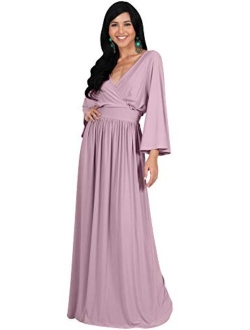 Womens Long Kimono Sleeve V-Neck Wrap Belted Empire Flowy Maxi Dress