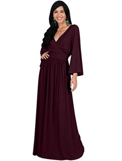 Womens Long Kimono Sleeve V-Neck Wrap Belted Empire Flowy Maxi Dress