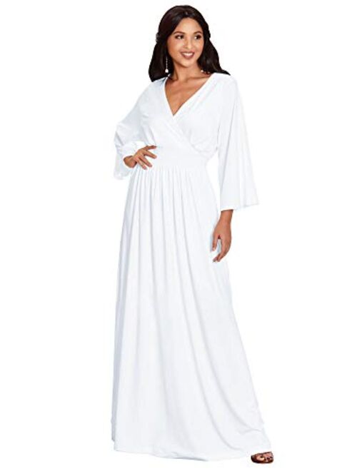 KOH KOH Womens Long Kimono Sleeve V-Neck Wrap Belted Empire Flowy Maxi Dress