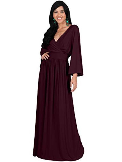 KOH KOH Womens Long Kimono Sleeve V-Neck Wrap Belted Empire Flowy Maxi Dress