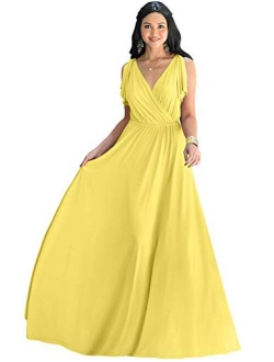 Womens Long V-Neck Ruffle Sleeveless Bridesmaid Prom Gown Maxi Dress