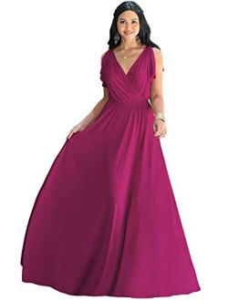 Womens Long V-Neck Ruffle Sleeveless Bridesmaid Prom Gown Maxi Dress