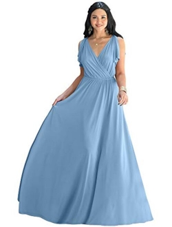 Womens Long V-Neck Ruffle Sleeveless Bridesmaid Prom Gown Maxi Dress