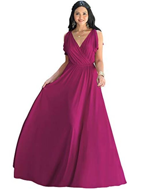 KOH KOH Womens Long V-Neck Ruffle Sleeveless Bridesmaid Prom Gown Maxi Dress