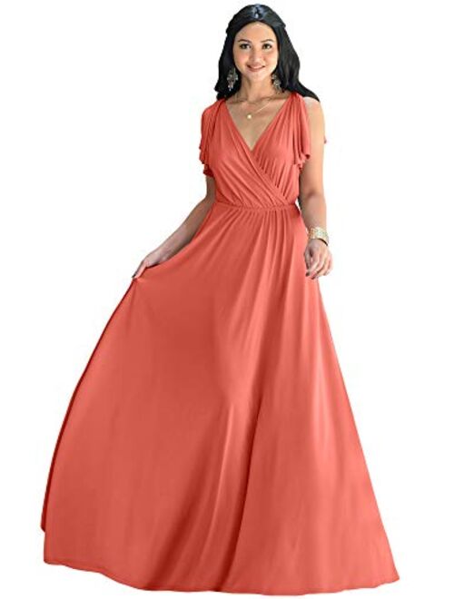 KOH KOH Womens Long V-Neck Ruffle Sleeveless Bridesmaid Prom Gown Maxi Dress