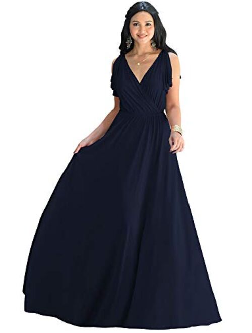 KOH KOH Womens Long V-Neck Ruffle Sleeveless Bridesmaid Prom Gown Maxi Dress