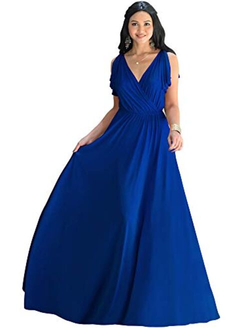 KOH KOH Womens Long V-Neck Ruffle Sleeveless Bridesmaid Prom Gown Maxi Dress