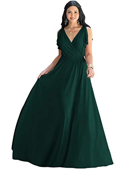 KOH KOH Womens Long V-Neck Ruffle Sleeveless Bridesmaid Prom Gown Maxi Dress