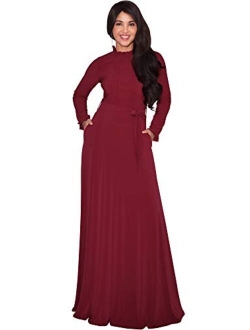 Womens Long Sleeve Elegant Pockets Fall Winter Evening Maxi Dress Gown