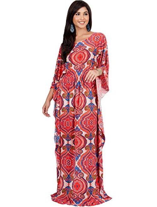 KOH KOH Womens Long Kaftan Boho Print Jersey Flowy Casual Abaya Gown Maxi Dress