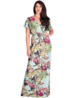 Short Kimono Sleeve V-Neck Floral Summer Long Casual Maxi Dress