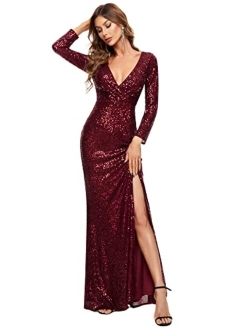 Women Sequin Evening Dress Long Sleeve Side Split Evening Gowns 0824