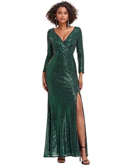 Women Sequin Evening Dress Long Sleeve Side Split Evening Gowns 0824