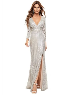 Women Sequin Evening Dress Long Sleeve Side Split Evening Gowns 0824