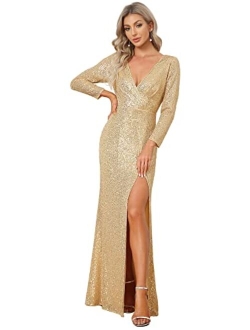 Women Sequin Evening Dress Long Sleeve Side Split Evening Gowns 0824