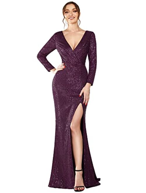 Ever-Pretty Women Sequin Evening Dress Long Sleeve Side Split Evening Gowns 0824