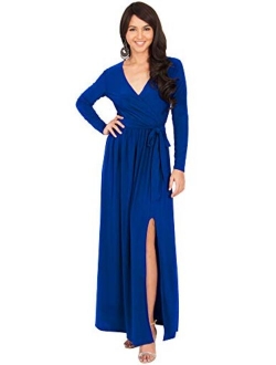 Womens Long Sleeve V-Neck High Slit Cocktail Evening Gown Maxi Dress