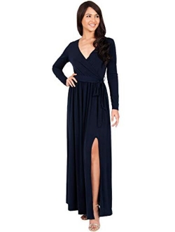 Womens Long Sleeve V-Neck High Slit Cocktail Evening Gown Maxi Dress