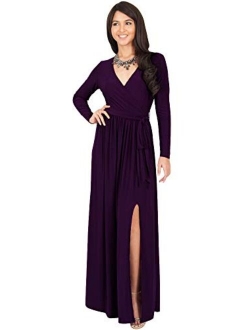 Womens Long Sleeve V-Neck High Slit Cocktail Evening Gown Maxi Dress