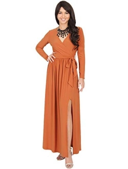 Womens Long Sleeve V-Neck High Slit Cocktail Evening Gown Maxi Dress