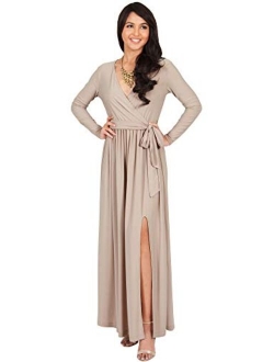 Womens Long Sleeve V-Neck High Slit Cocktail Evening Gown Maxi Dress