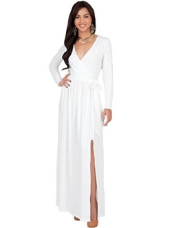 Womens Long Sleeve V-Neck High Slit Cocktail Evening Gown Maxi Dress