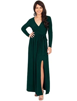 Womens Long Sleeve V-Neck High Slit Cocktail Evening Gown Maxi Dress