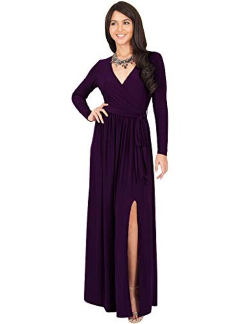 KOH KOH Womens Long Sleeve V-Neck High Slit Cocktail Evening Gown Maxi Dress