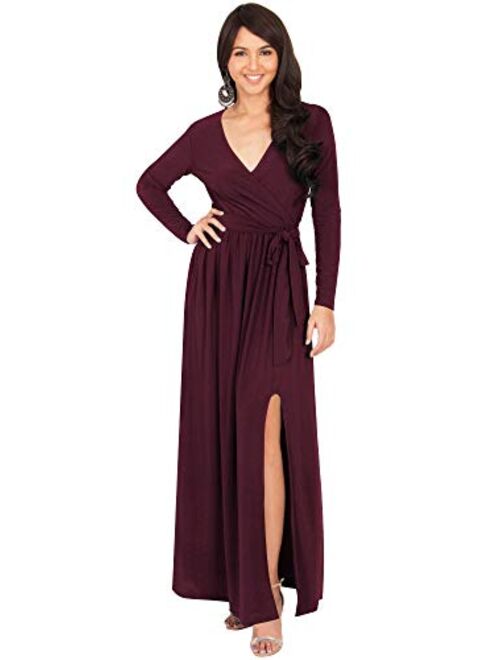 KOH KOH Womens Long Sleeve V-Neck High Slit Cocktail Evening Gown Maxi Dress