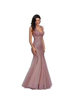 Sleeveless Double V-Neck Long Mermaid Sequin Formal Evening Dresses