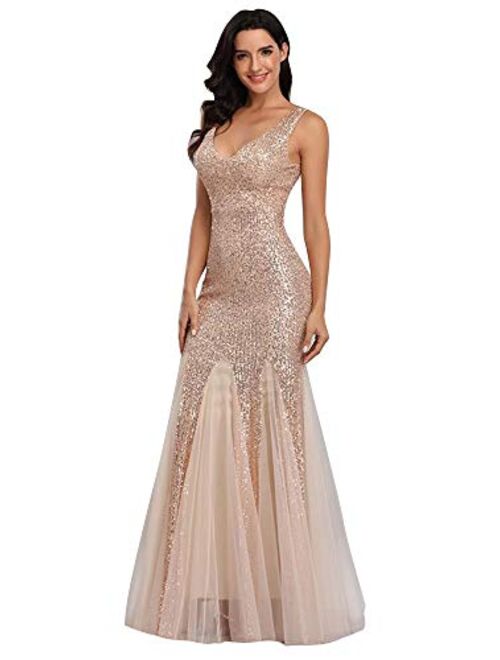 Sleeveless Double V-Neck Long Mermaid Sequin Formal Evening Dresses