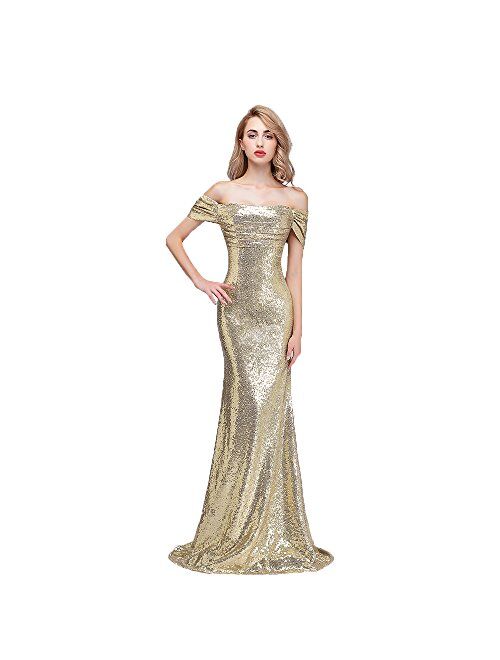 honey qiao Sequins Off The Shoulder Bridesmaid Dresses Long Pleats Prom Party Gowns