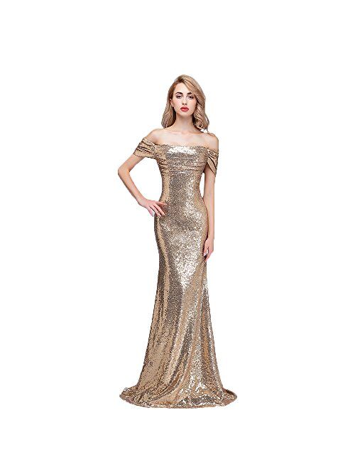 honey qiao Sequins Off The Shoulder Bridesmaid Dresses Long Pleats Prom Party Gowns