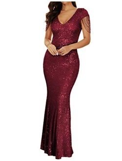 Women's V Neck Short Sleeve Sequin Bridesmaid Dress Gown Evening Party Dress