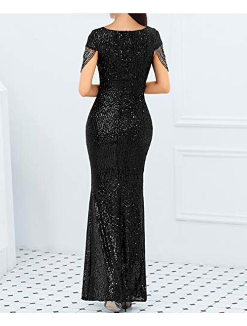 Women's V Neck Short Sleeve Sequin Bridesmaid Dress Gown Evening Party Dress