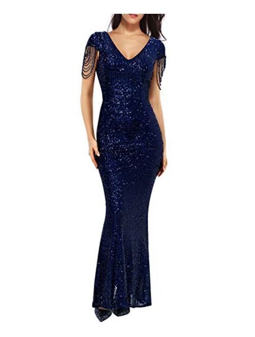 Women's V Neck Short Sleeve Sequin Bridesmaid Dress Gown Evening Party Dress