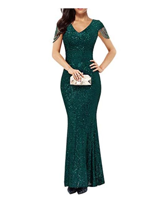 Women's V Neck Short Sleeve Sequin Bridesmaid Dress Gown Evening Party Dress