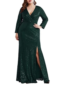 Women's Long Sleeve Plus Size Sequin Gowns Side Split Evening Dress 0824