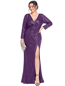 Women's Long Sleeve Plus Size Sequin Gowns Side Split Evening Dress 0824