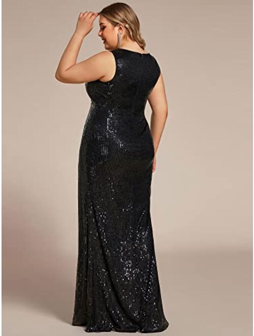 Ever-Pretty Women's Long Sleeve Plus Size Sequin Gowns Side Split Evening Dress 0824