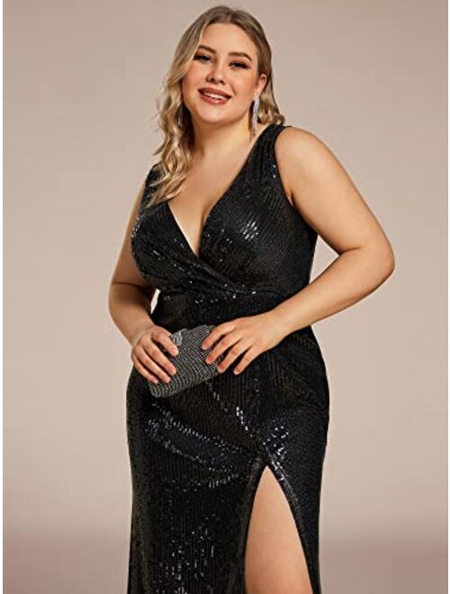 Ever-Pretty Women's Long Sleeve Plus Size Sequin Gowns Side Split Evening Dress 0824