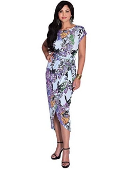 Womens Elegant Short Cap Sleeves Floral Print Asymmetrical Midi Dress