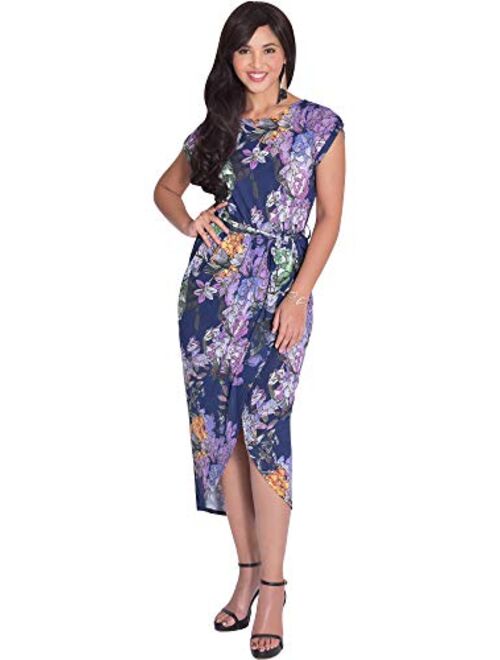 KOH KOH Womens Elegant Short Cap Sleeves Floral Print Asymmetrical Midi Dress