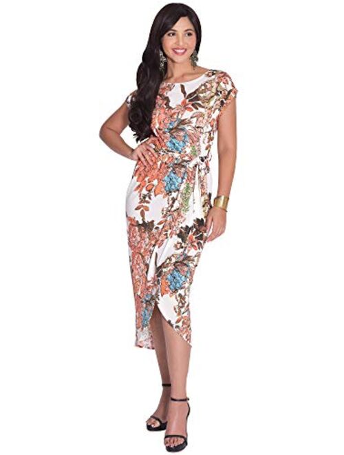 KOH KOH Womens Elegant Short Cap Sleeves Floral Print Asymmetrical Midi Dress