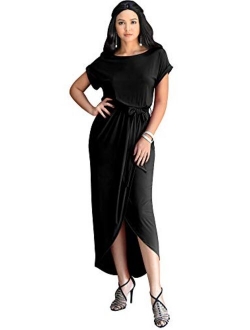 Womens Short Sleeves Round Neck Solid Draped Asymmetrical Maxi Dress