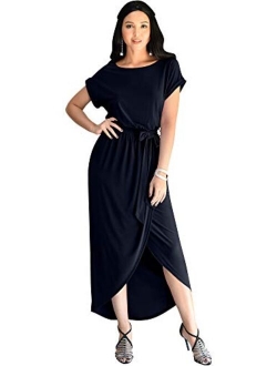 Womens Short Sleeves Round Neck Solid Draped Asymmetrical Maxi Dress