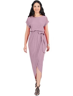 Womens Short Sleeves Round Neck Solid Draped Asymmetrical Maxi Dress