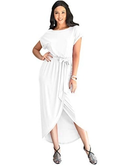 Womens Short Sleeves Round Neck Solid Draped Asymmetrical Maxi Dress