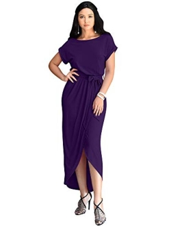 Womens Short Sleeves Round Neck Solid Draped Asymmetrical Maxi Dress